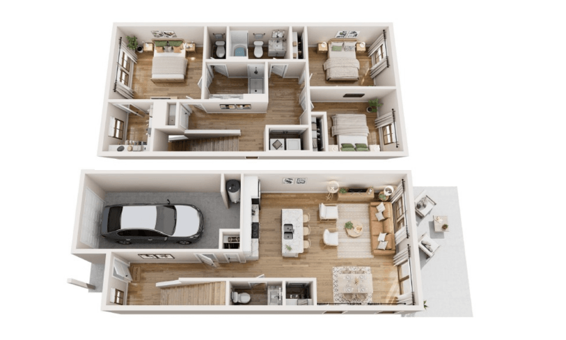 Floor plan for 3 beds, 2.5 baths, 1500 sqft